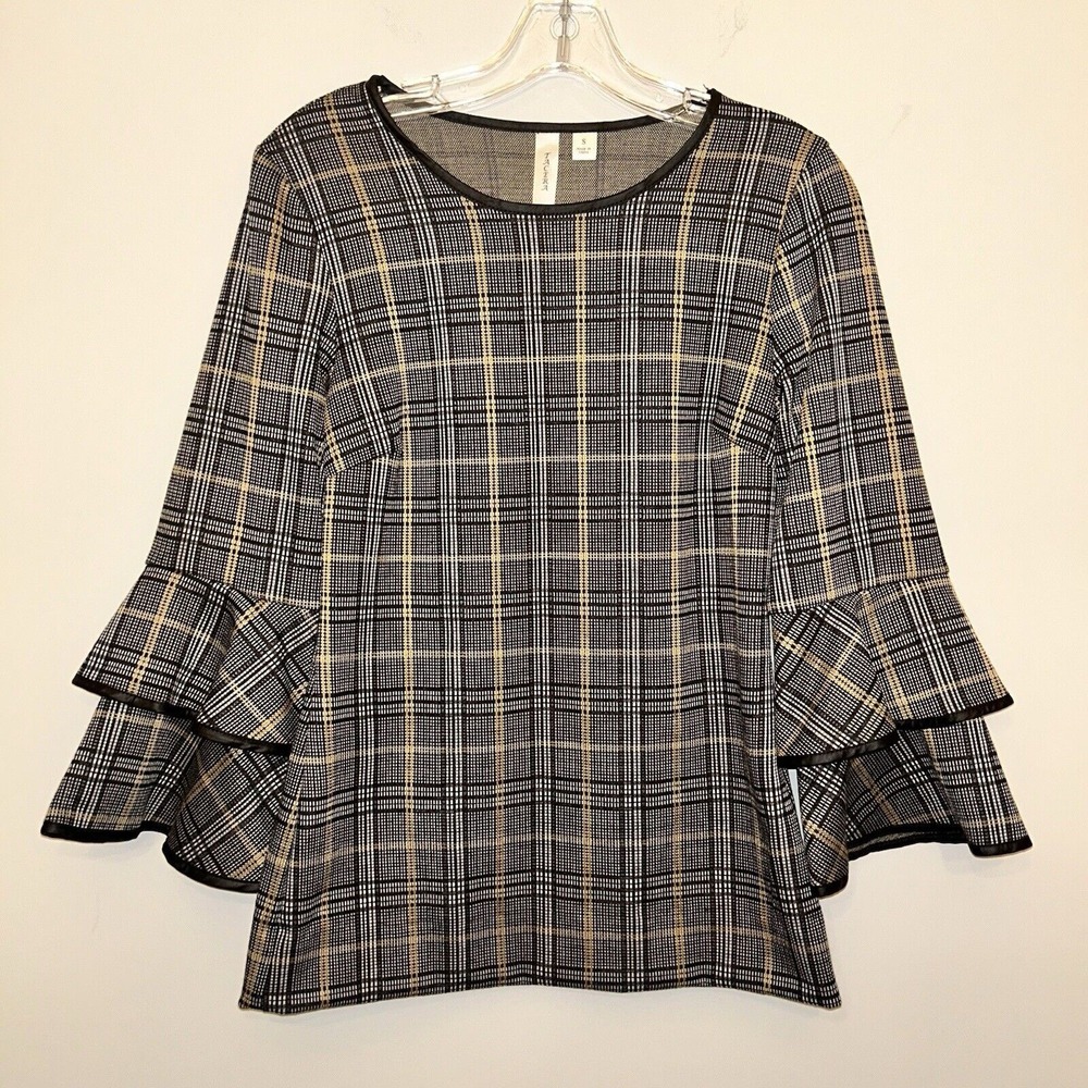 Tacera Blouse Womens Small Black Plaid Bell Sleeve Faux Leather Trim Top Crew